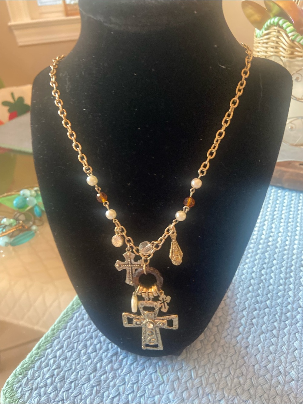 Gold Tone Cross Charm Necklace with Pearls - Women's Jewelry